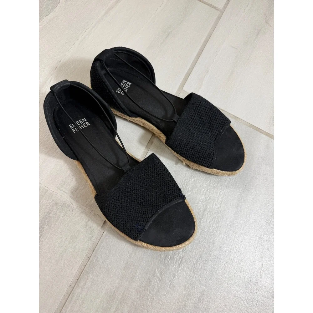 Eileen Fisher Black Stretch Knit Espadrille Sandals Flats 7.5